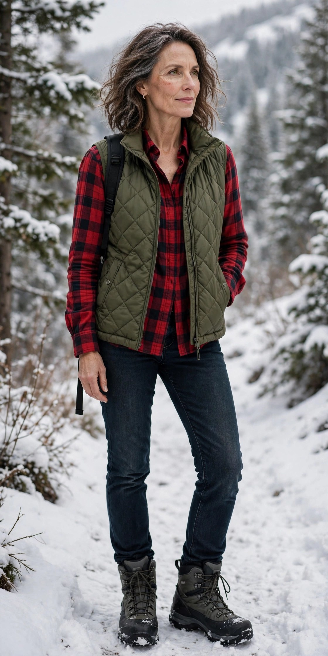 Woman in her 50s wearing an olive quilted vest over red plaid flannel with hiking boots on a snowy trail