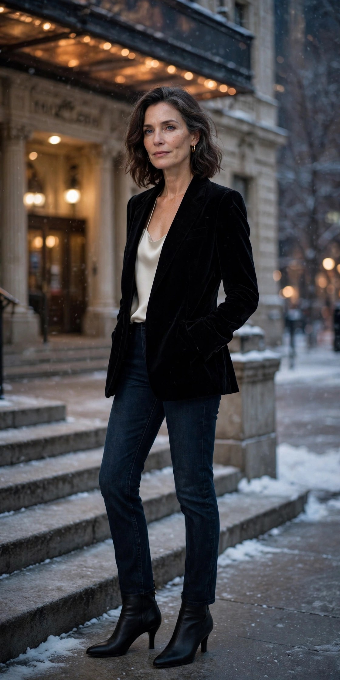 Woman in her 50s wearing a black velvet blazer, ivory camisole and dark jeans at the theatre
