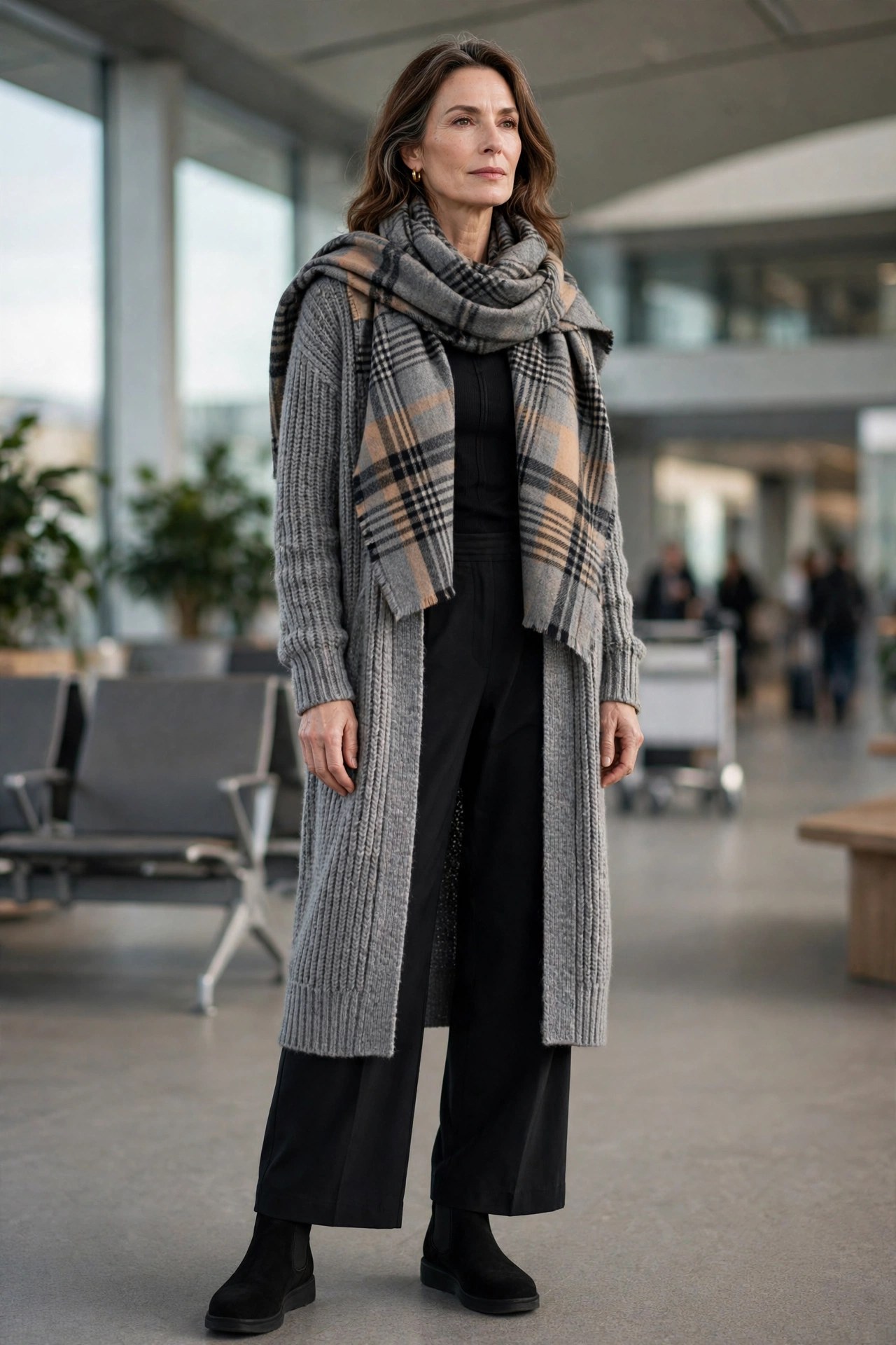 Woman in her 50s wearing a longline grey cardigan and black travel outfit at an airport