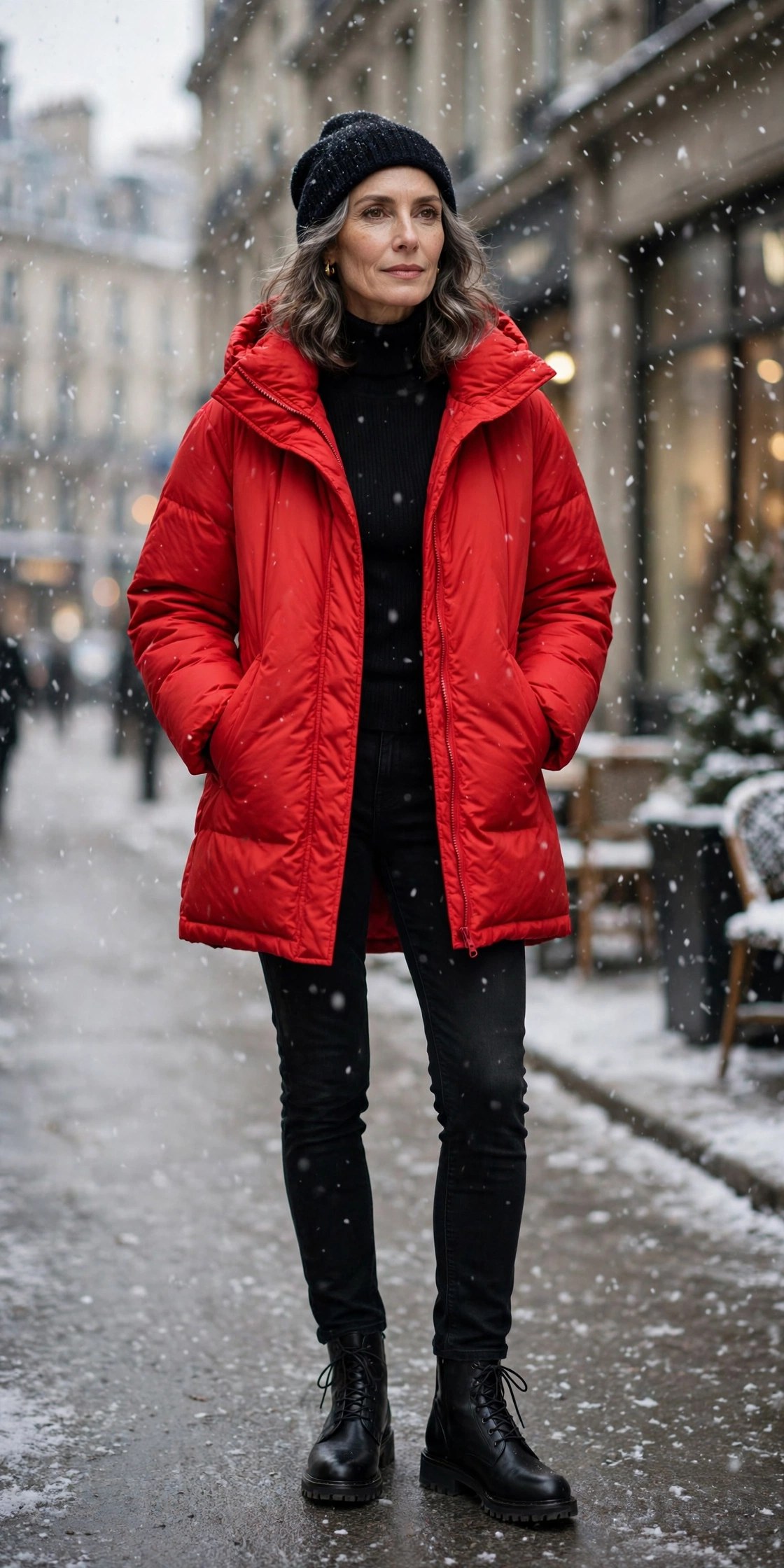 Woman in her 50s wearing a statement red parka over an all-black outfit in falling snow