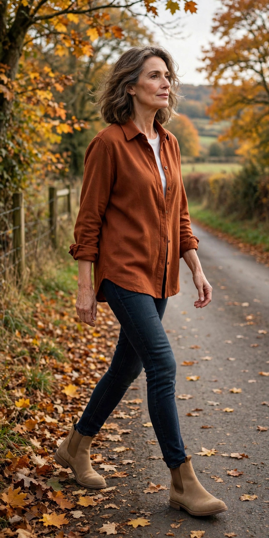 Woman over 50 in rust flannel shirt and stretch jeggings on an autumn country road