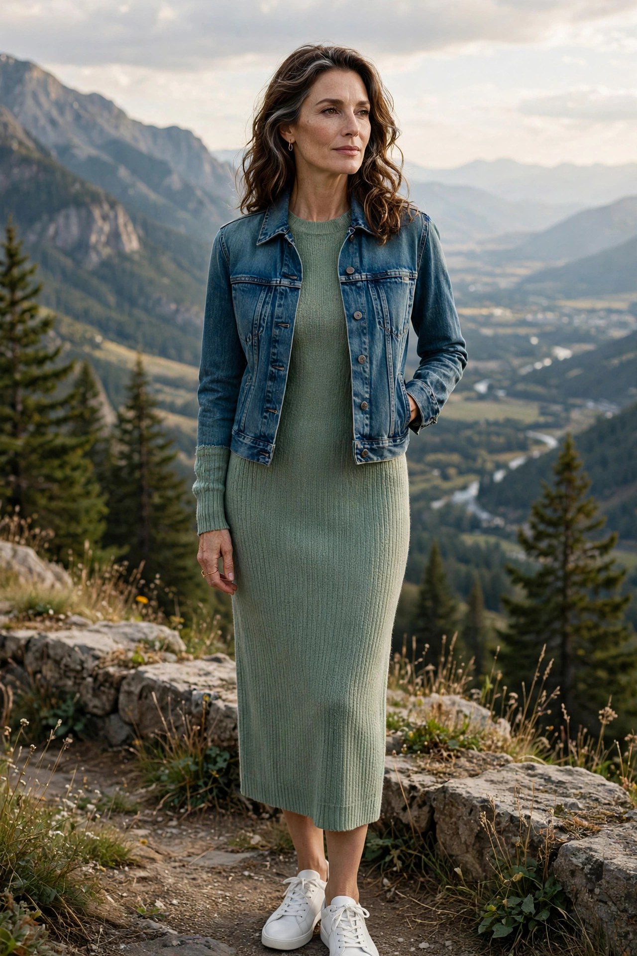 Elegant woman over 50 in sage knit midi dress and denim jacket at a scenic overlook