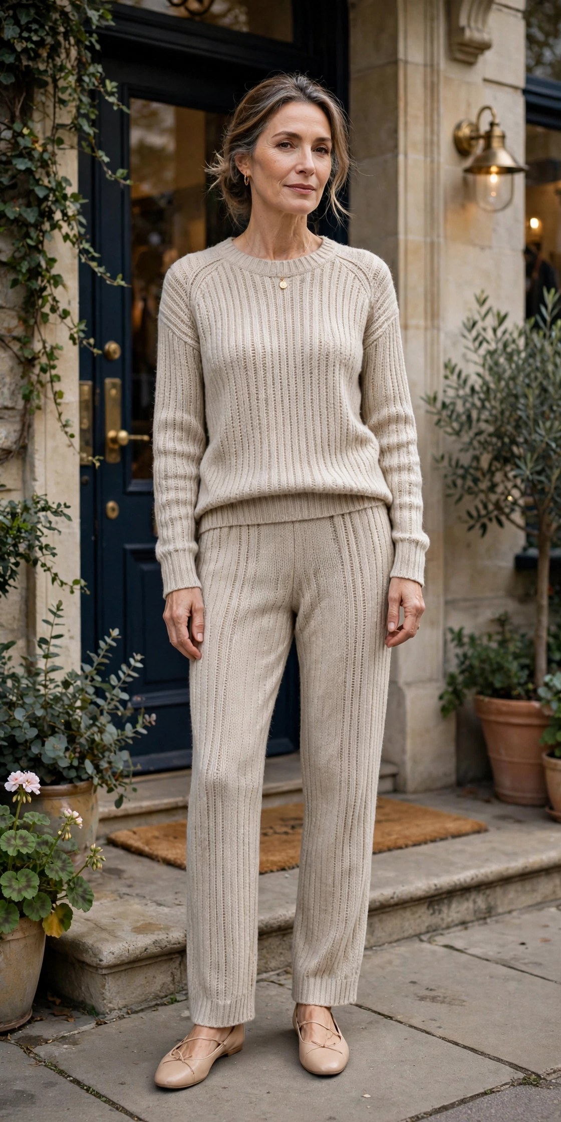 Woman in her 50s in oatmeal knit co-ord set at a boutique hotel entrance