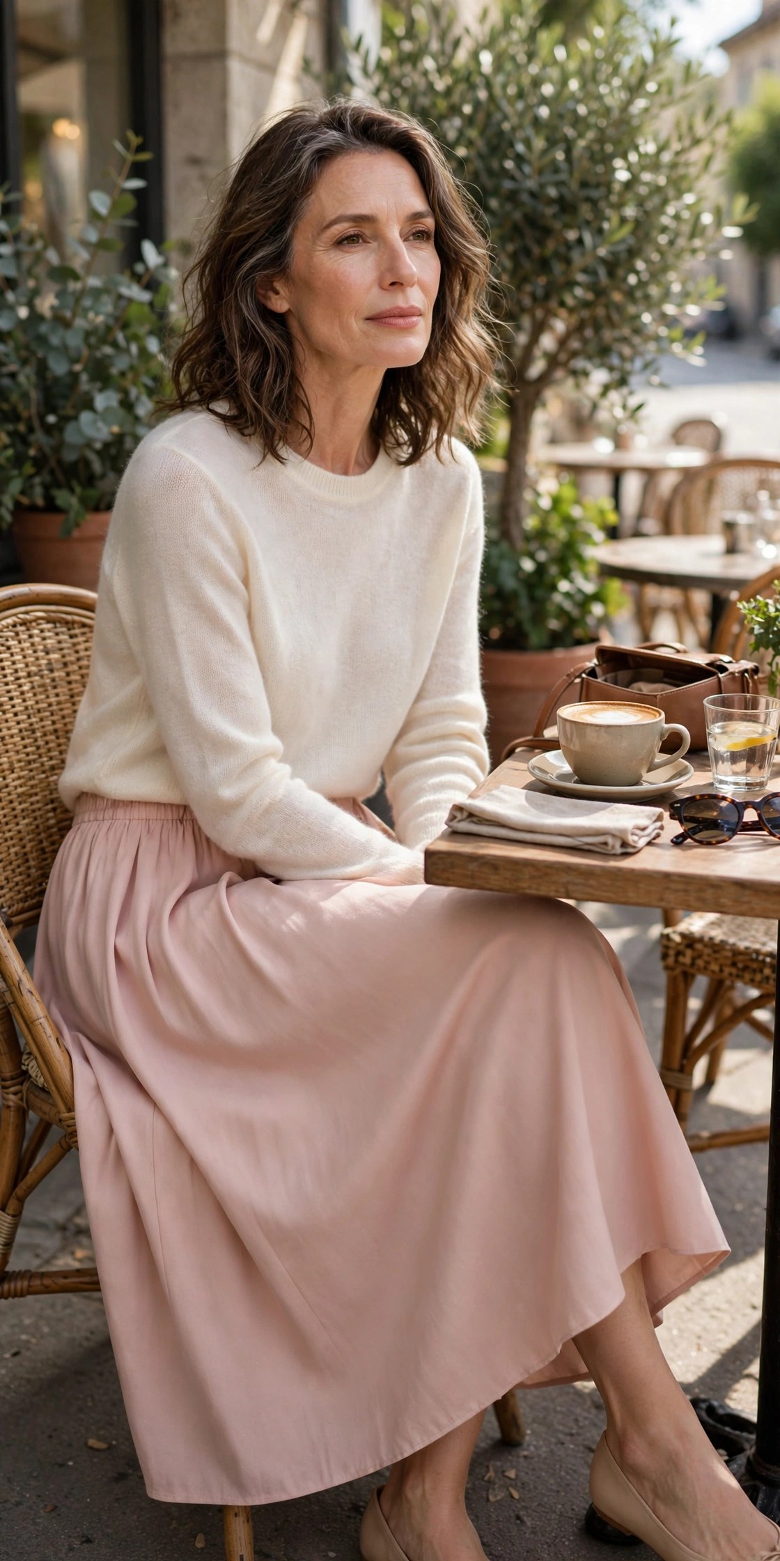 Woman in her 50s in blush midi skirt and cream sweater at a roadside cafe