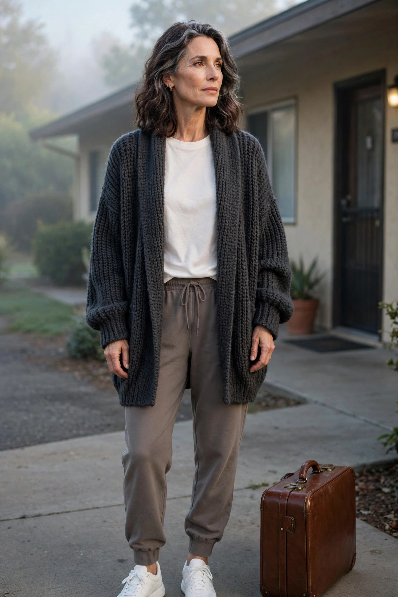Woman over 50 in taupe joggers and oversized cardigan outside a motel at dawn