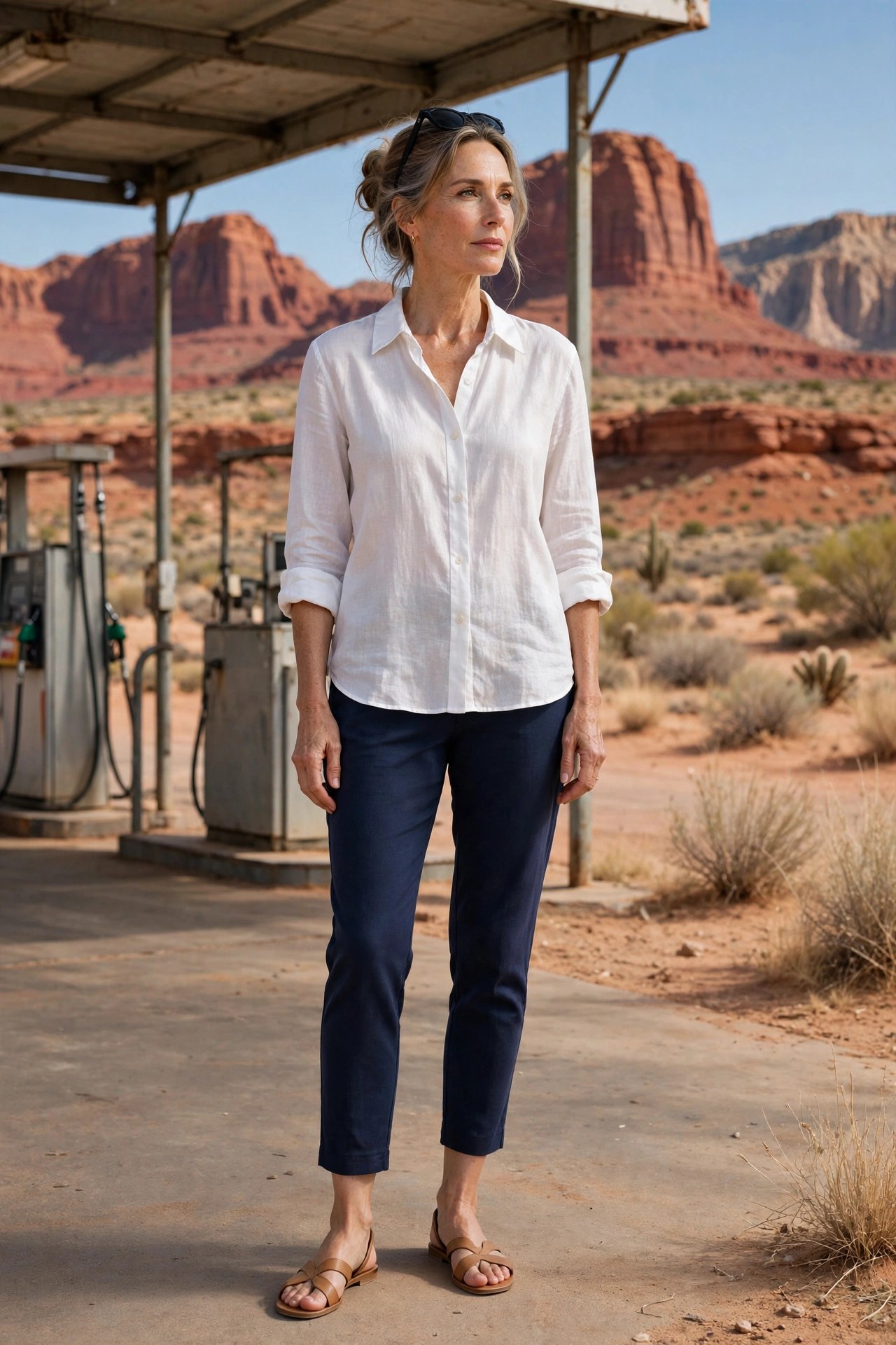 Woman in her 50s in white linen shirt and navy cropped pants in the desert