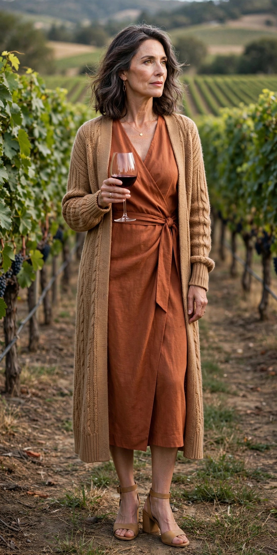 Elegant woman over 50 in terracotta wrap dress and cardigan at a vineyard