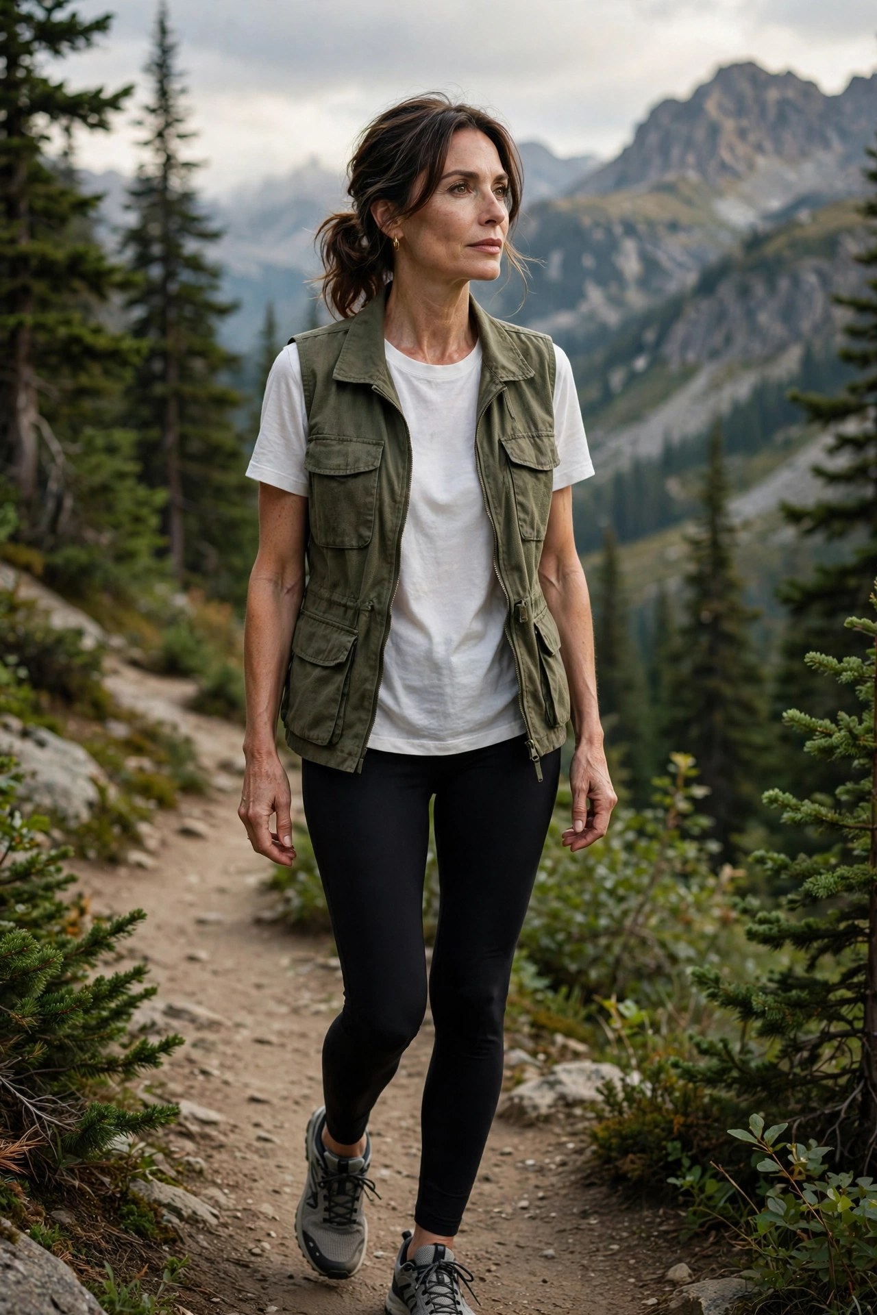 Woman over 50 in olive utility vest, tee and leggings hiking a national park trail