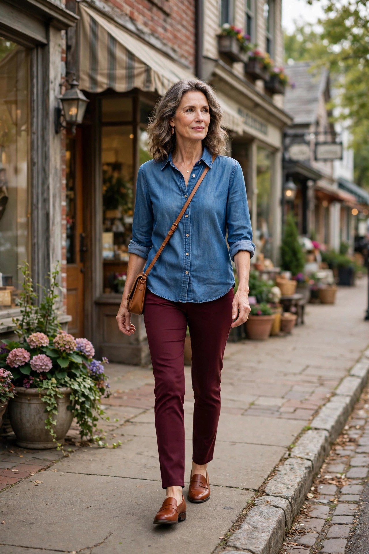 Woman in her 50s in chambray shirt and burgundy ponte pants on a small-town street