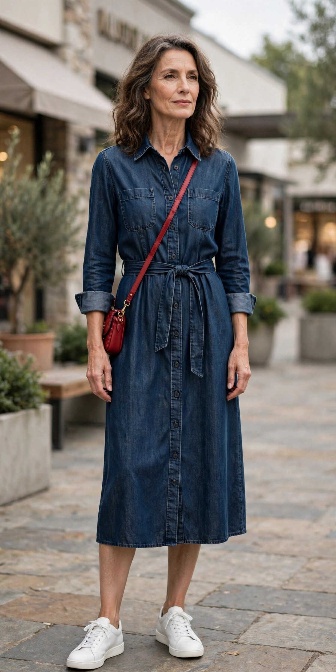 Woman over 50 in dark denim midi dress and sneakers at an outlet center