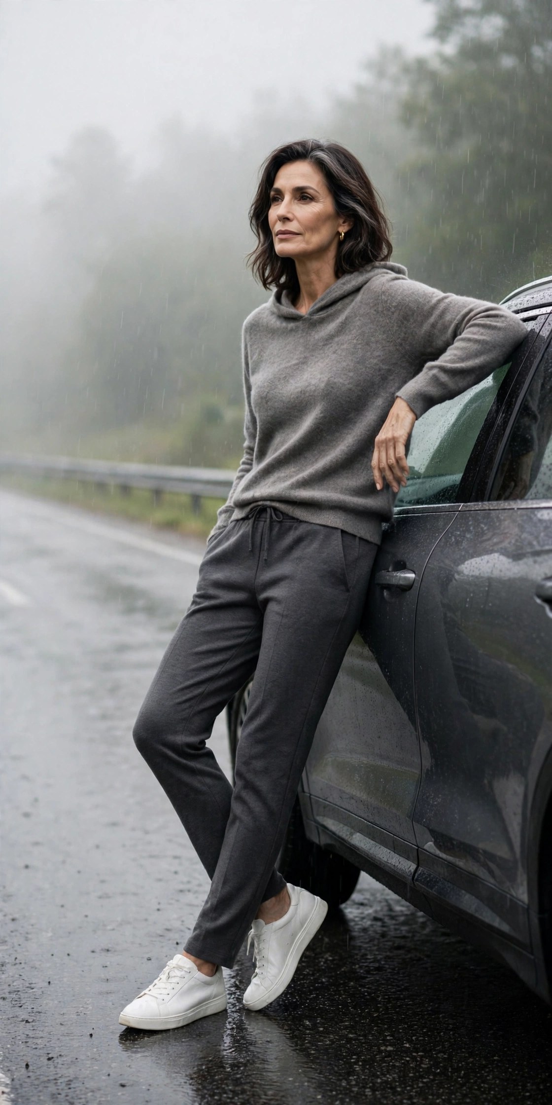 Woman in her 50s in stone cashmere hoodie and charcoal sweatpants in the rain