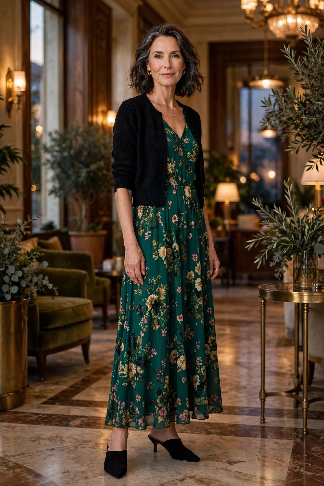 Elegant woman over 50 in emerald floral maxi dress at a hotel lobby in the evening