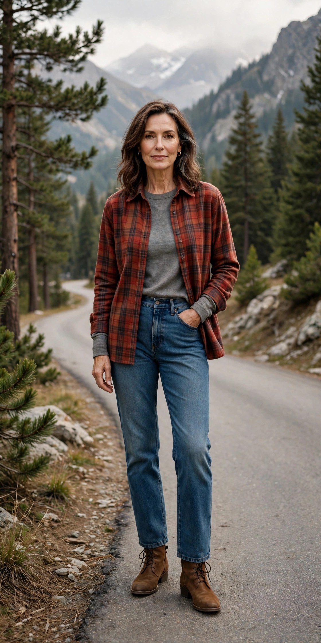 Woman over 50 in red plaid shacket, thermal tee and jeans on a mountain road