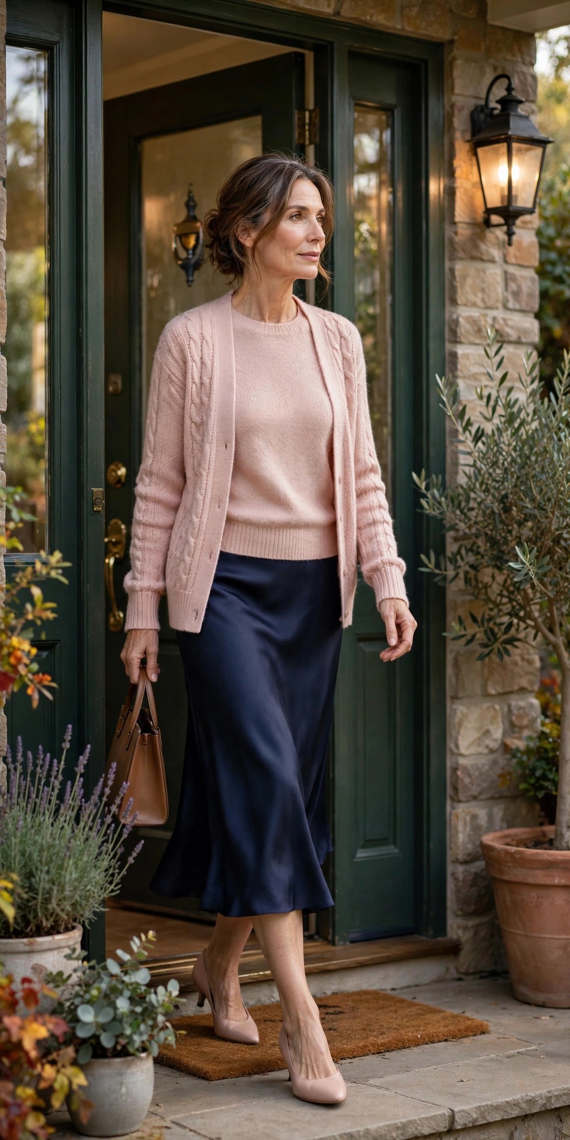 Woman in her 50s in blush knit twinset and navy slip skirt arriving at a front door