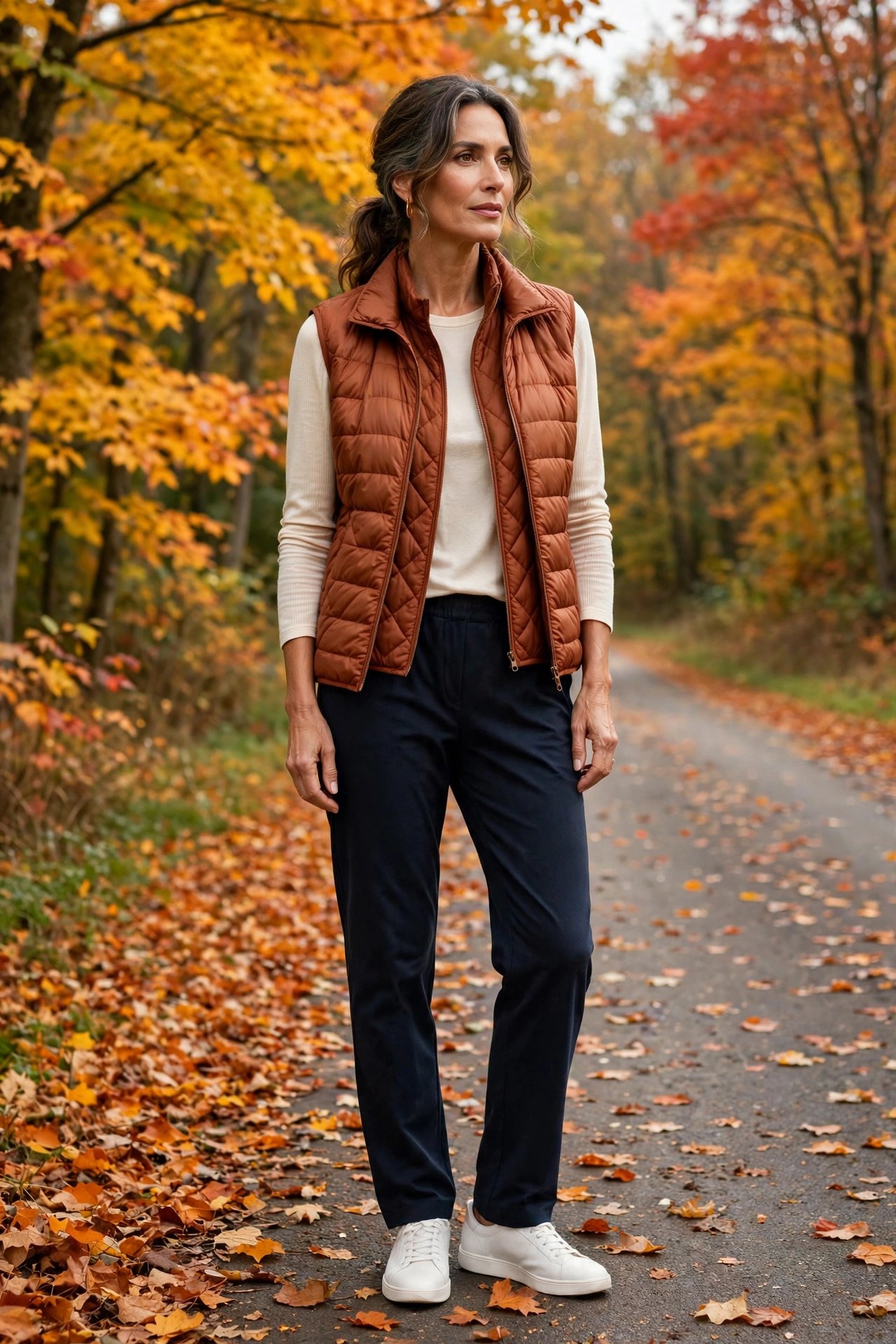 Woman over 50 in rust quilted vest and cream tee amid fall foliage