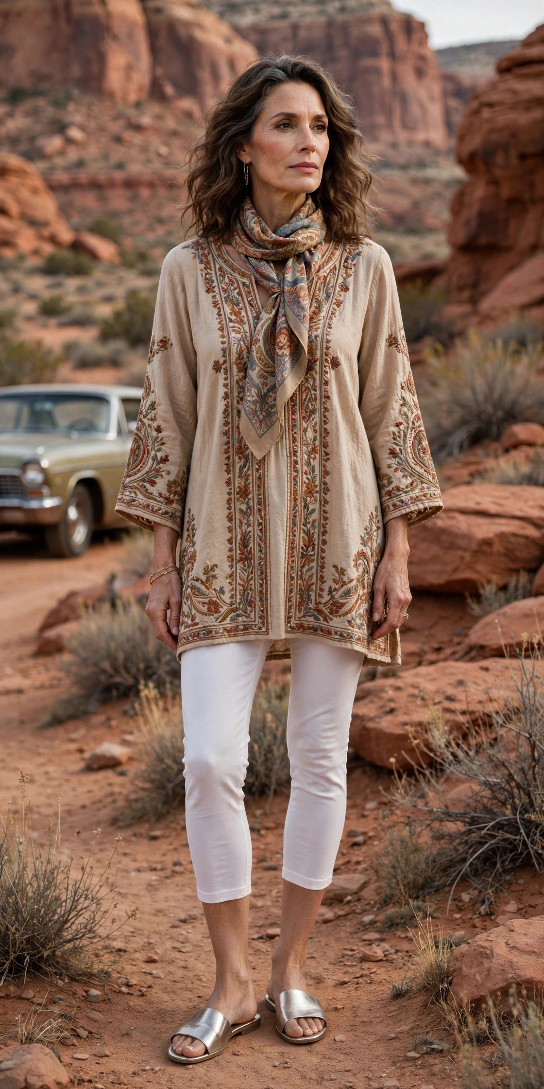Woman over 50 in sand boho tunic, white capris and scarf in the desert