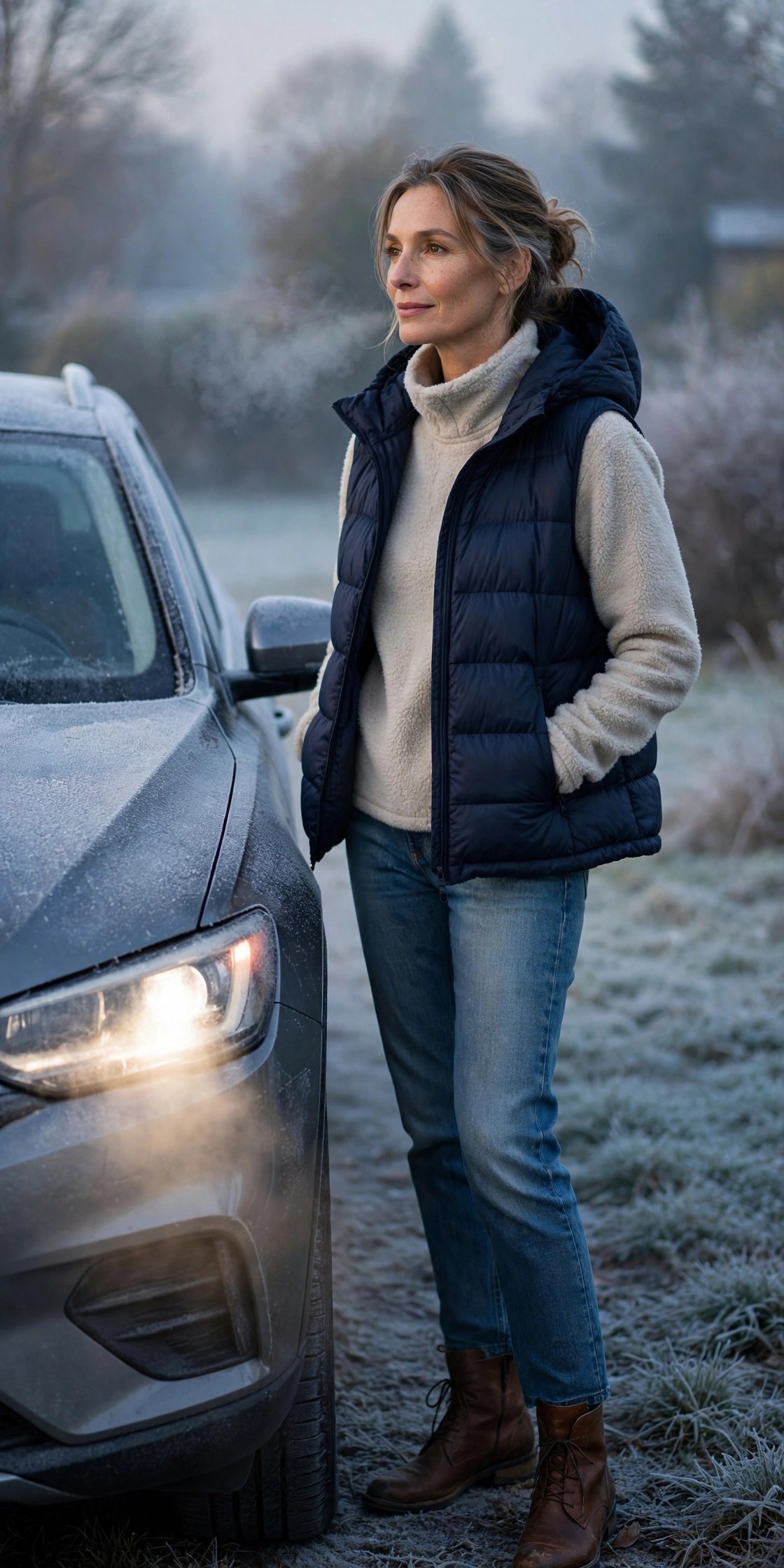 Woman in her 50s in navy puffer vest, fleece pullover and jeans at dawn