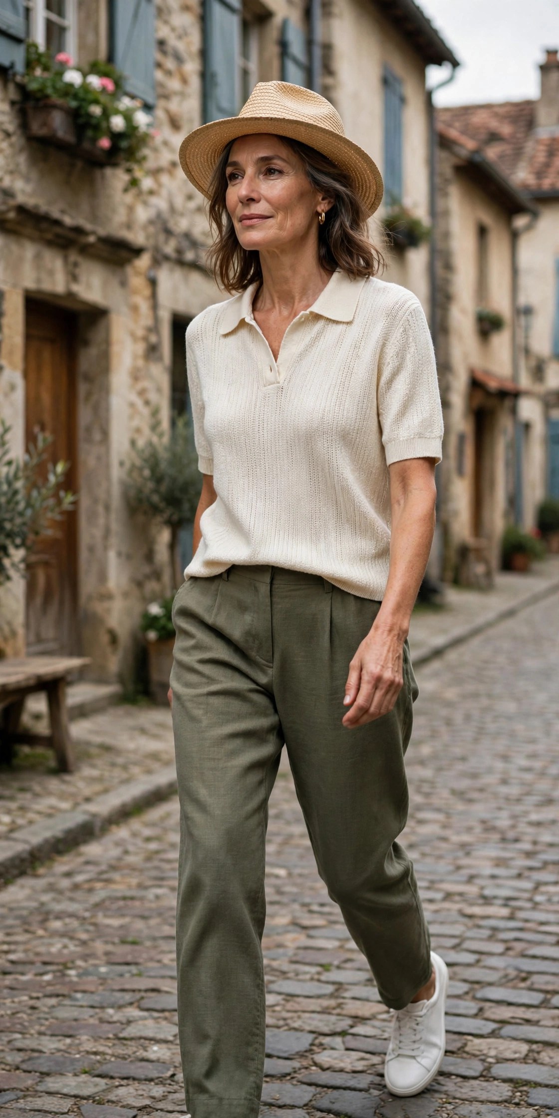 Woman over 50 in olive chinos, ivory knit polo and fedora on a historic street