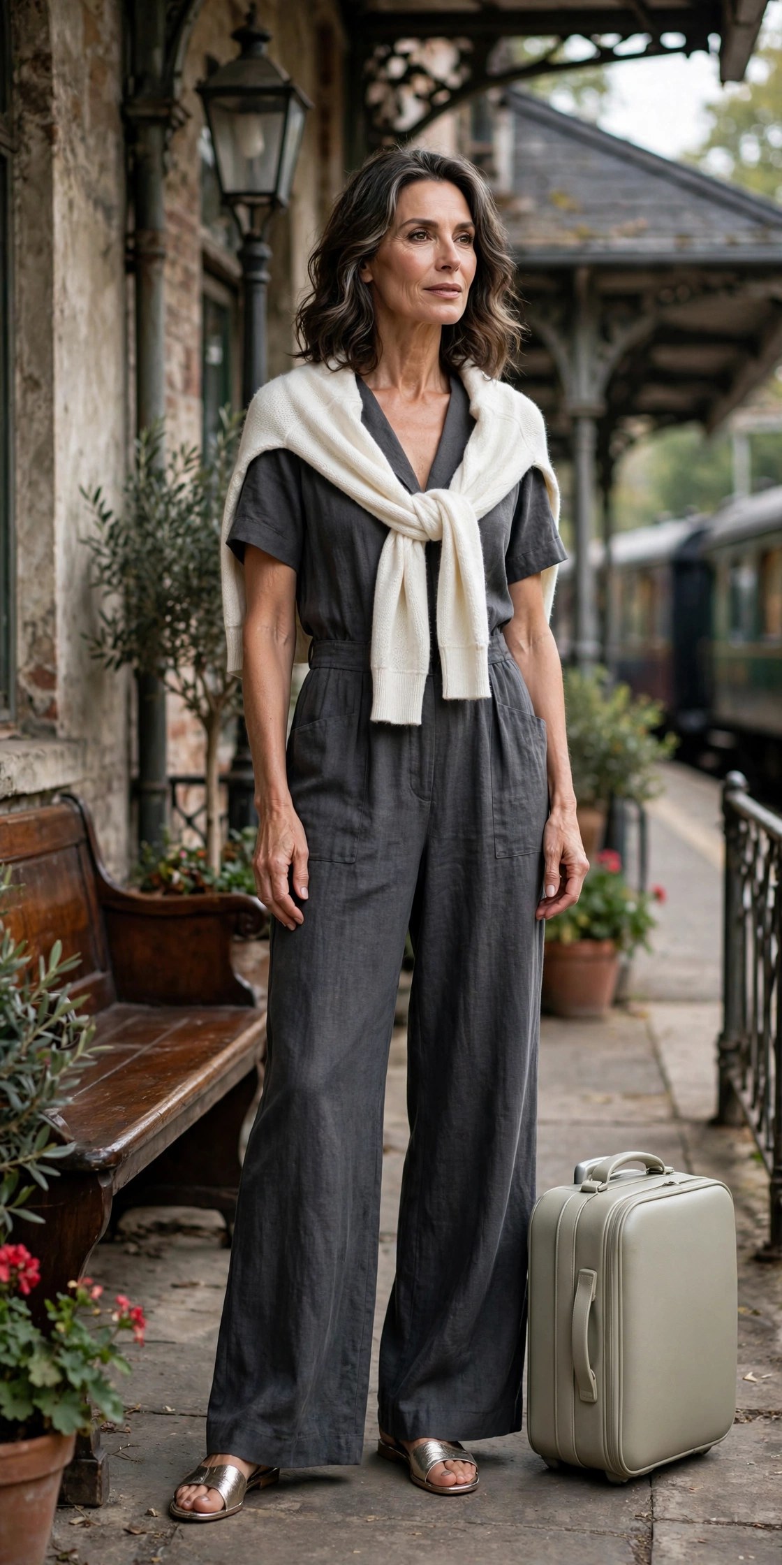 Woman over 50 in charcoal travel jumpsuit and ivory wrap cardigan at a station