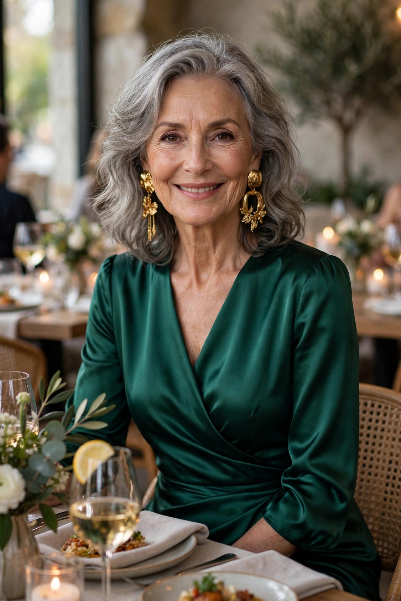 Woman in her 60s wearing an emerald-green satin midi dress with gold earrings