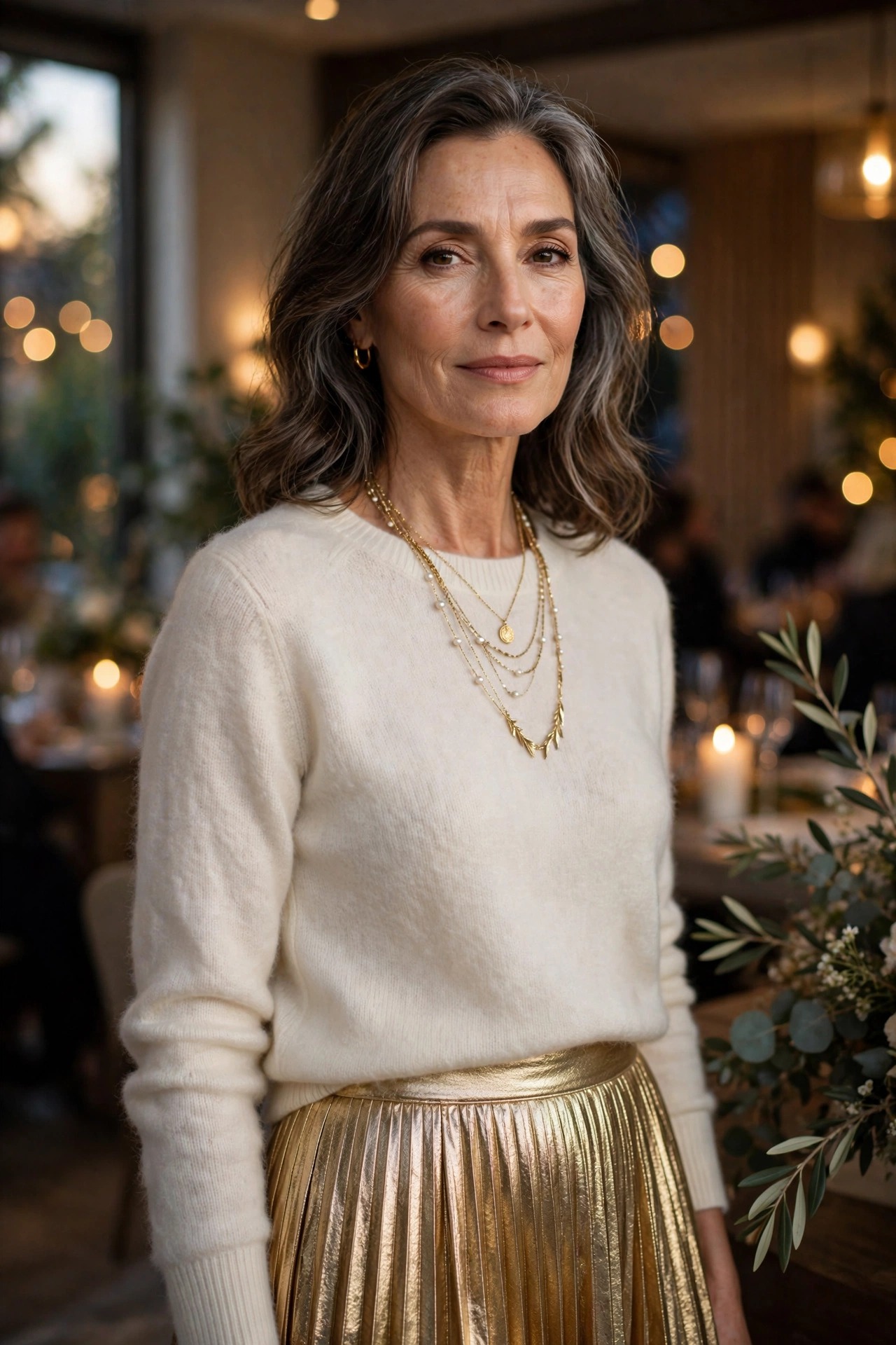 Woman in her 50s in a gold pleated midi skirt and ivory cashmere sweater