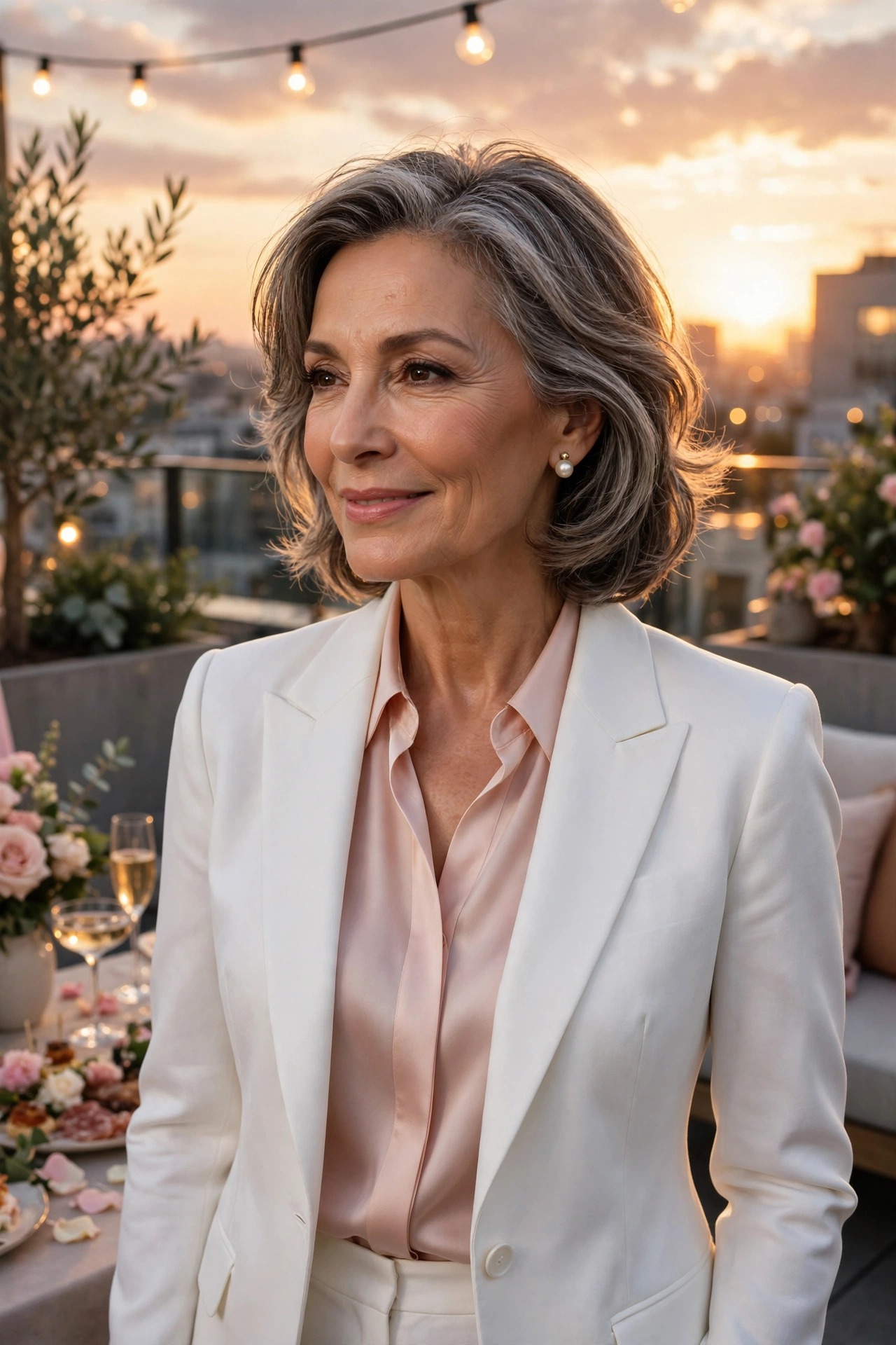 Woman in her 50s wearing a white tailored pantsuit with a blush silk blouse