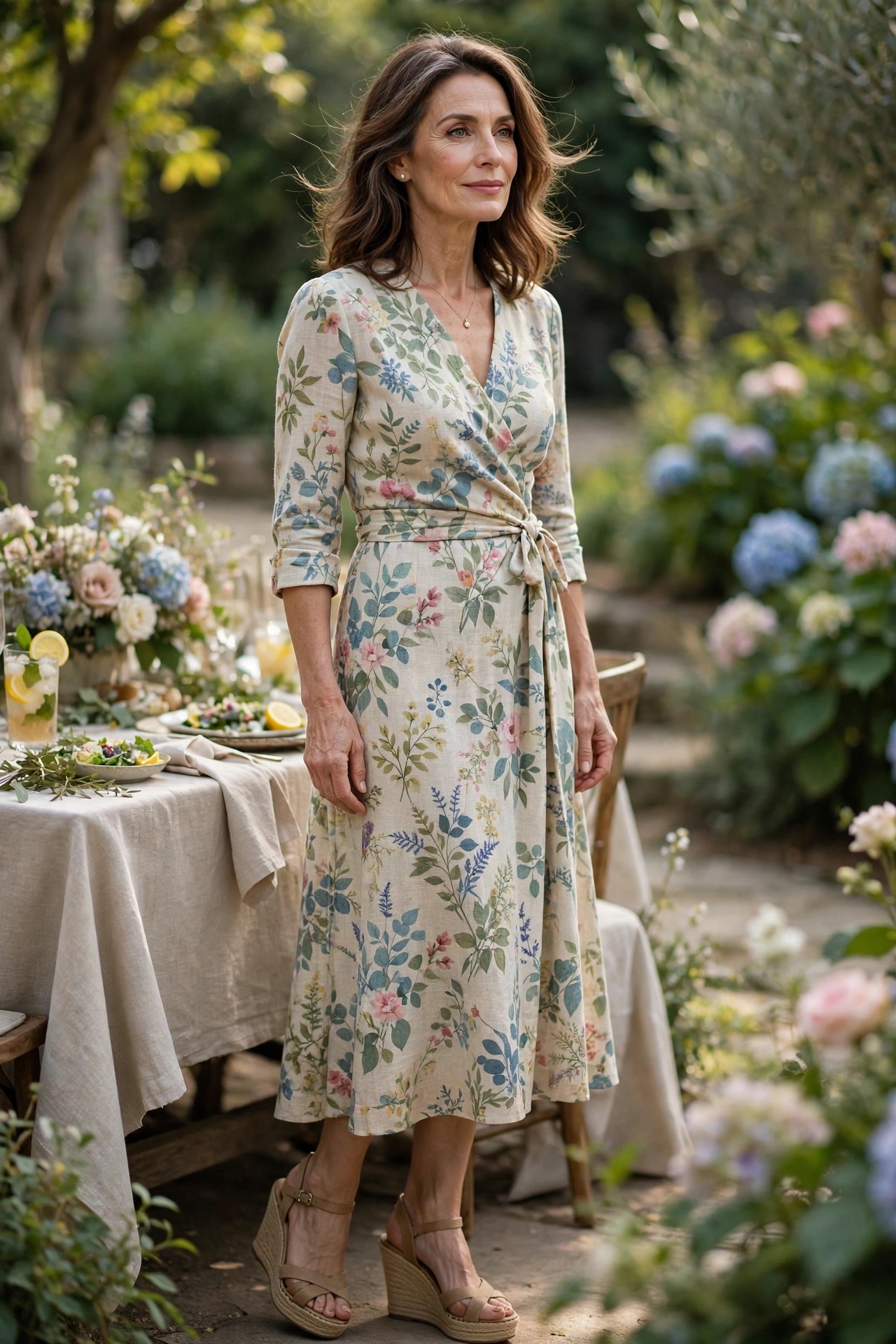 Woman in her 50s wearing a garden-floral wrap midi dress with wedges