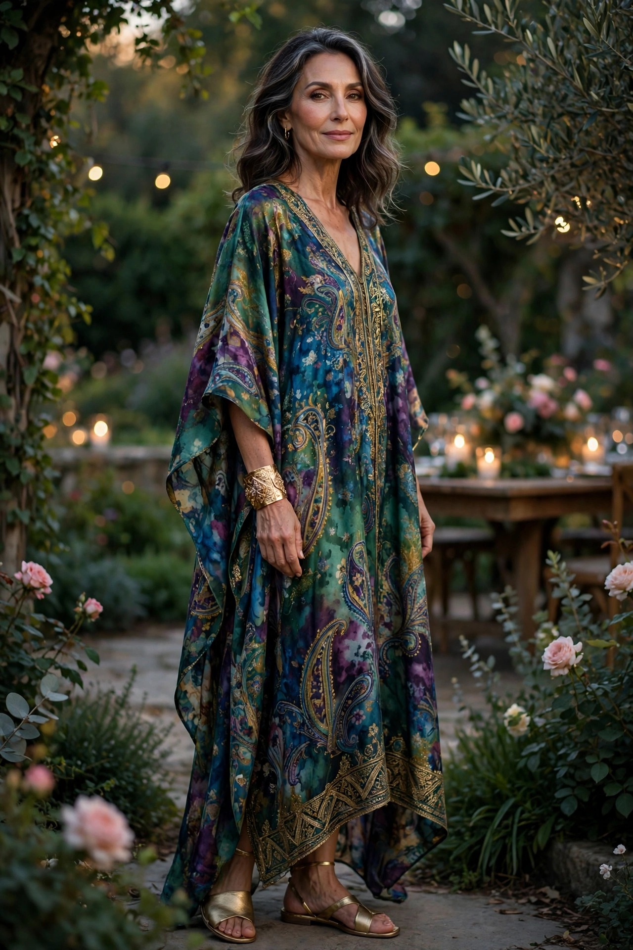 Woman in her 50s wearing a jewel-tone printed kaftan with gold sandals