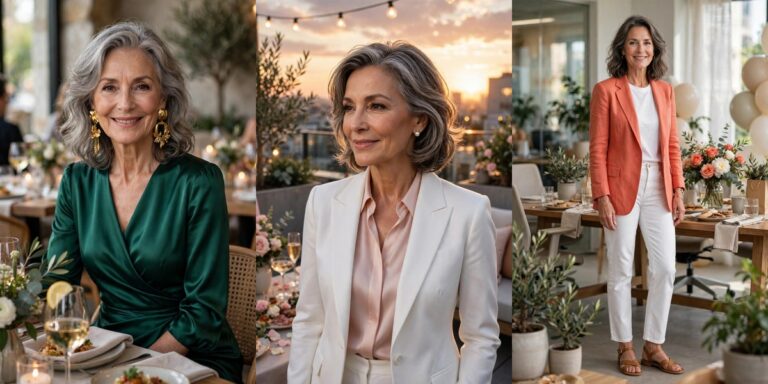 Retirement party outfit ideas for women over 50: emerald dress, white suit, coral blazer