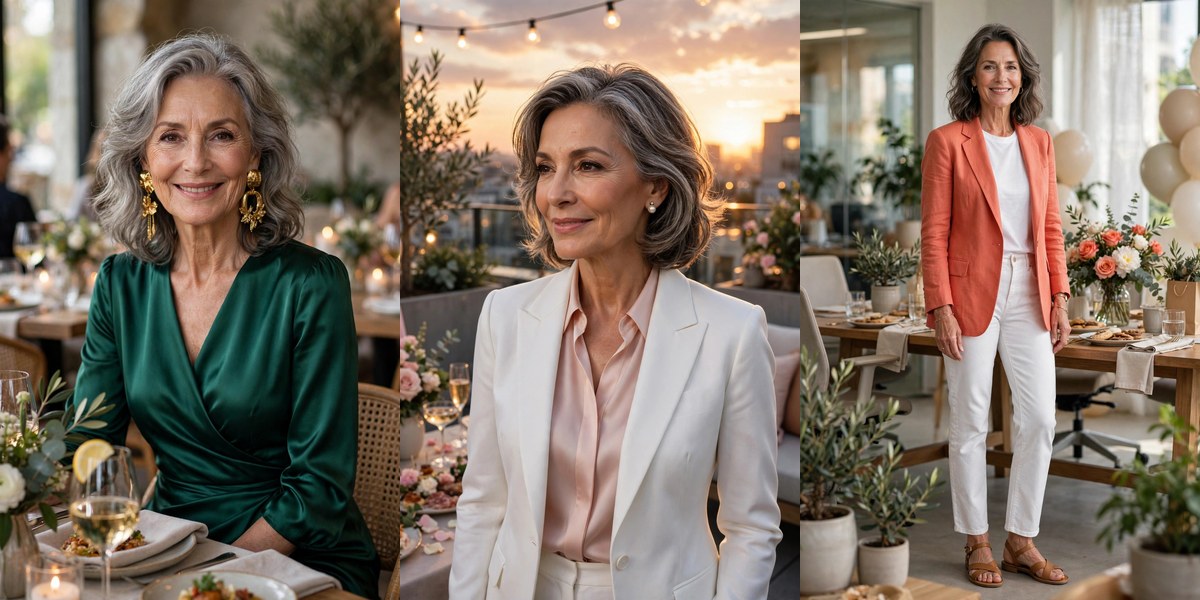 Retirement party outfit ideas for women over 50: emerald dress, white suit, coral blazer