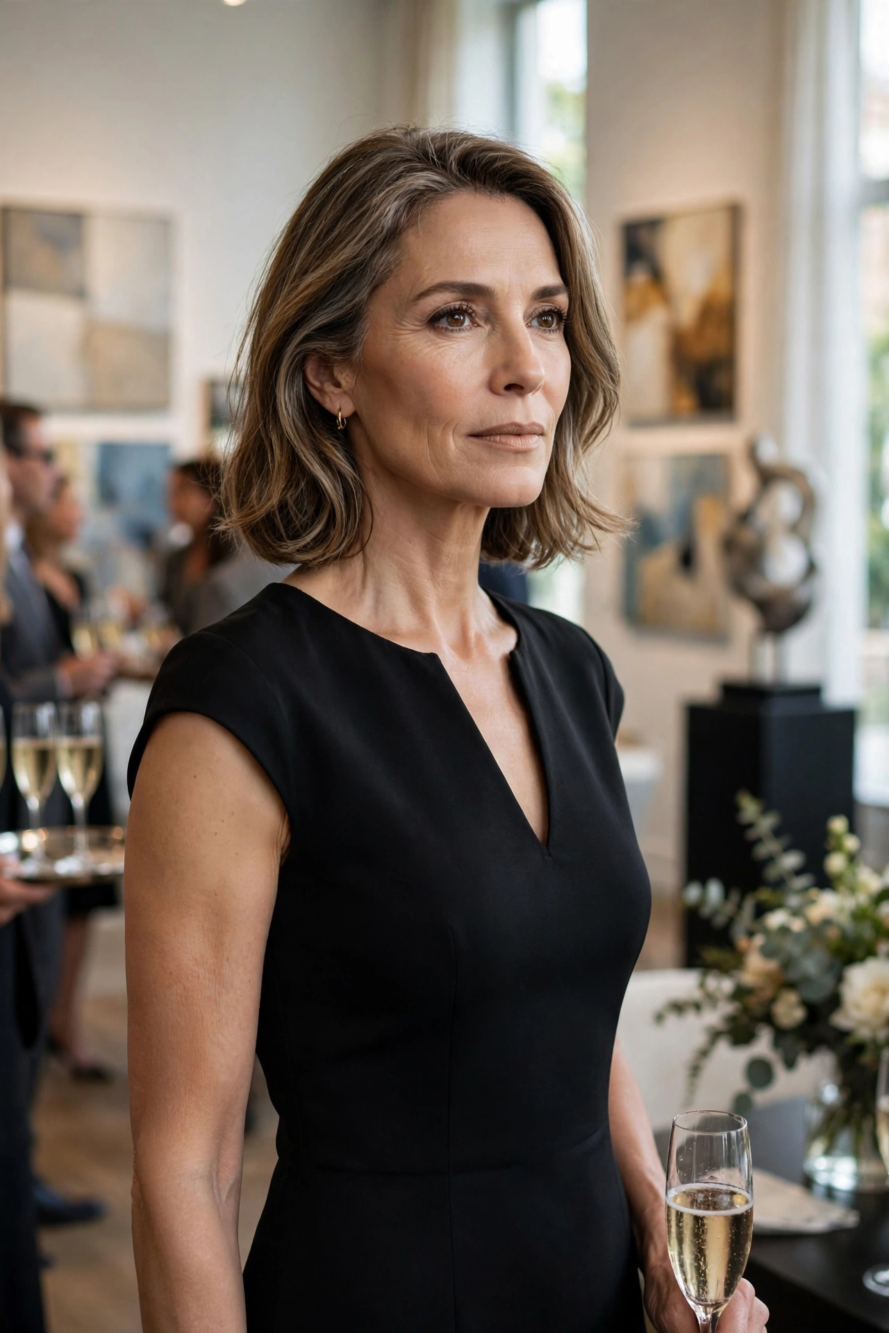 Elegant woman in her 50s wearing a black sheath cocktail dress at an art gallery party