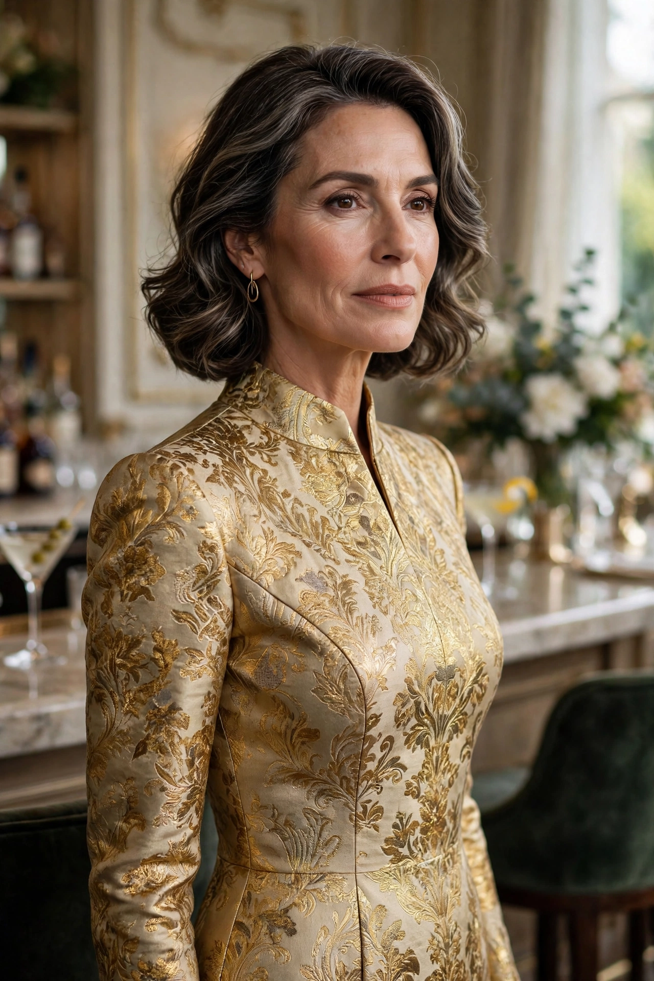 Elegant woman in her 50s wearing a gold brocade sheath dress at a hotel bar event