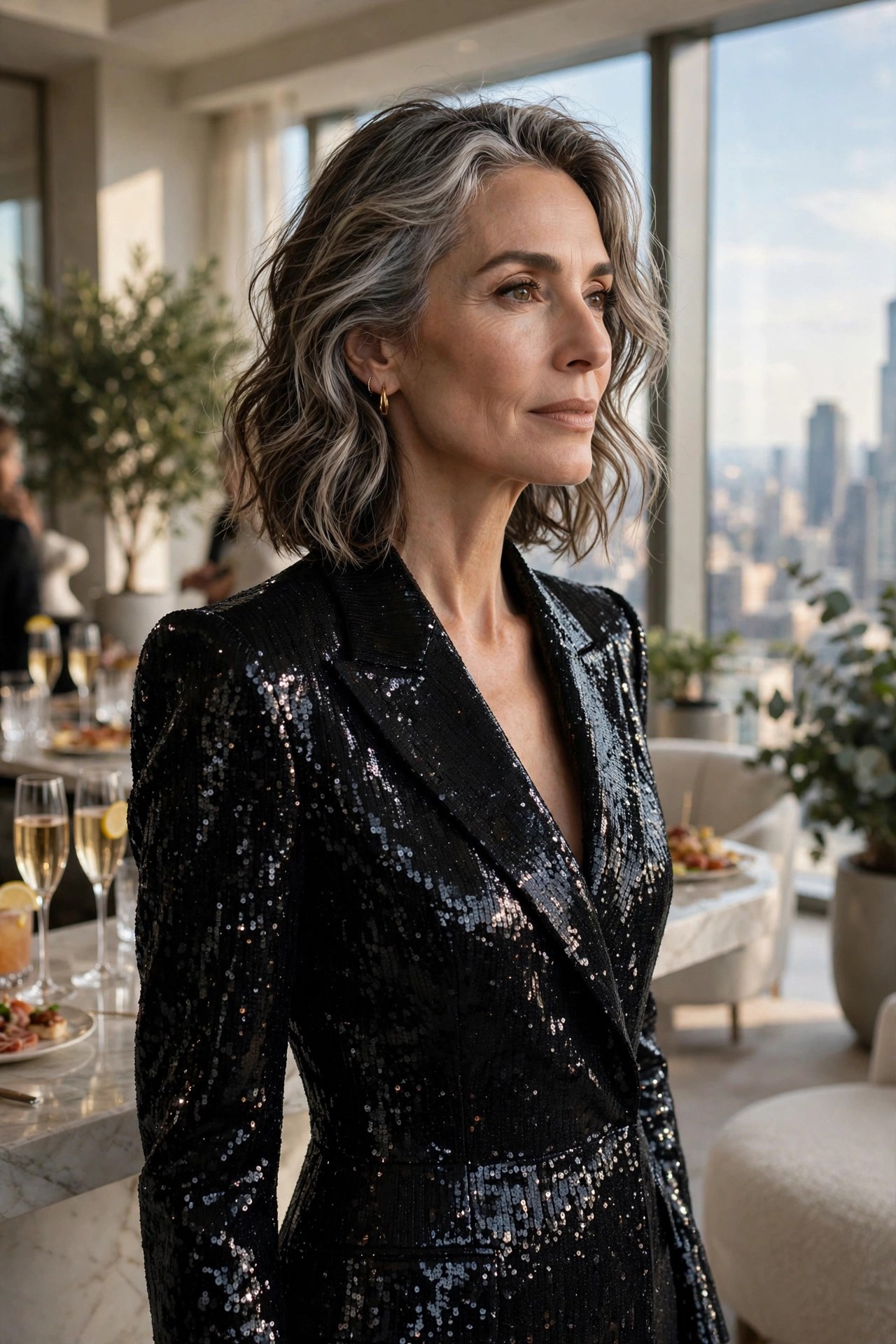 Elegant woman in her 50s wearing a black sequin blazer dress at a penthouse party