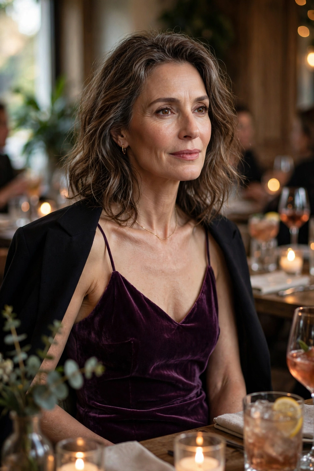 Elegant woman in her 50s wearing a plum velvet slip dress with a black blazer at a candlelit restaurant