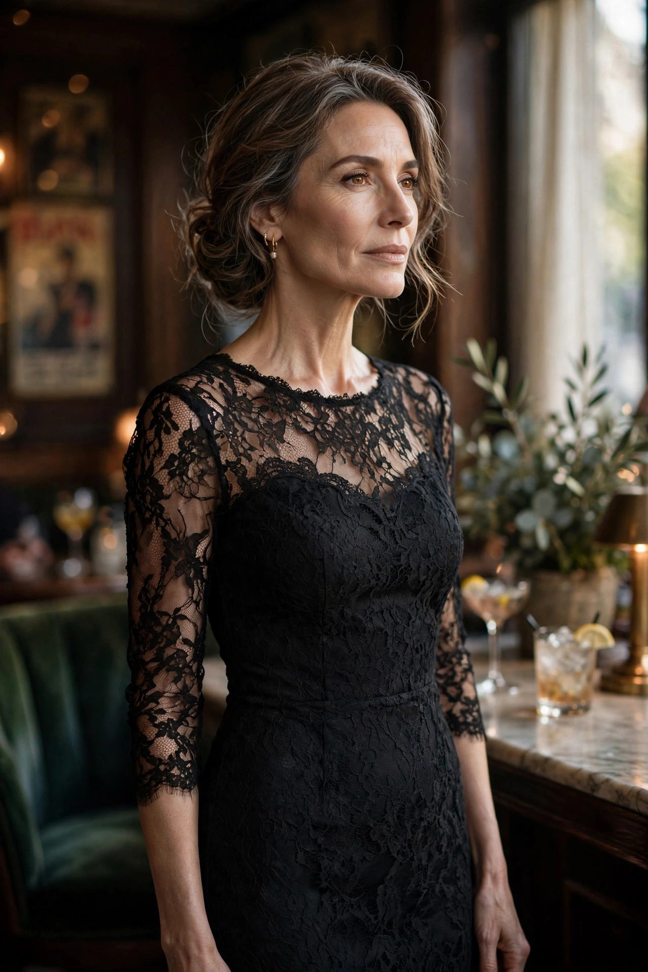 Elegant woman in her 50s wearing a black lace cocktail dress at a jazz club evening