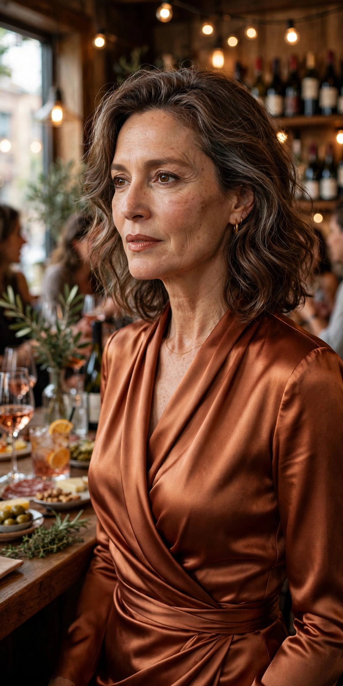 Elegant woman in her 50s wearing a copper satin wrap dress at a wine bar cocktail party
