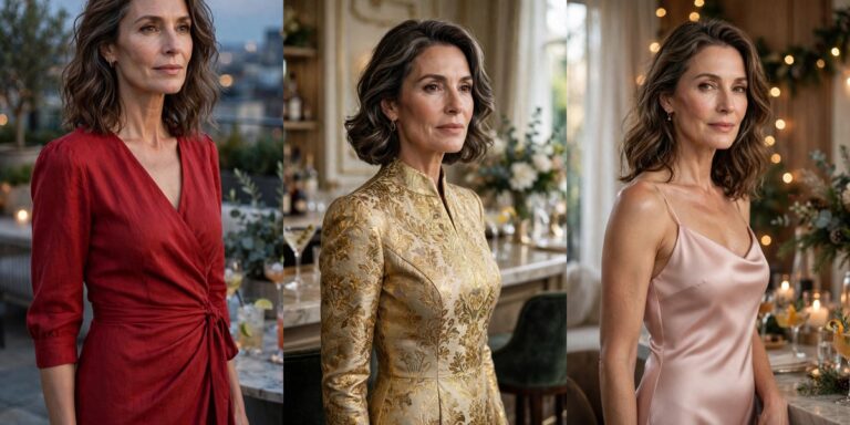 Three chic cocktail party looks for women over 50: red wrap dress, gold brocade, blush satin
