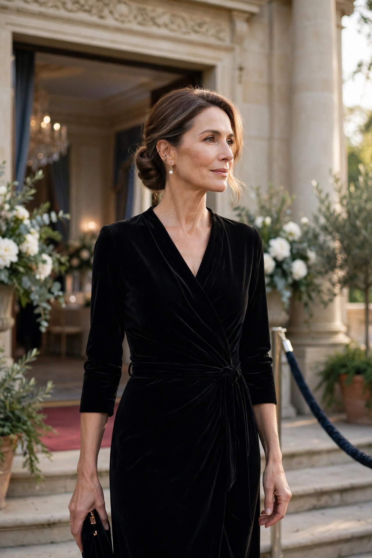 Elegant woman in her 50s wearing a black velvet wrap dress at a gala ballroom entrance