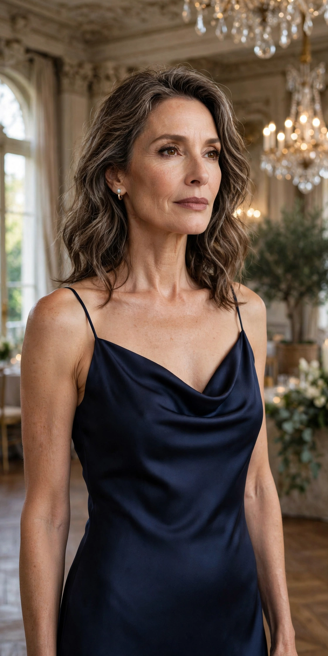 Elegant woman in her 50s wearing a navy satin slip dress in a chandelier-lit hall