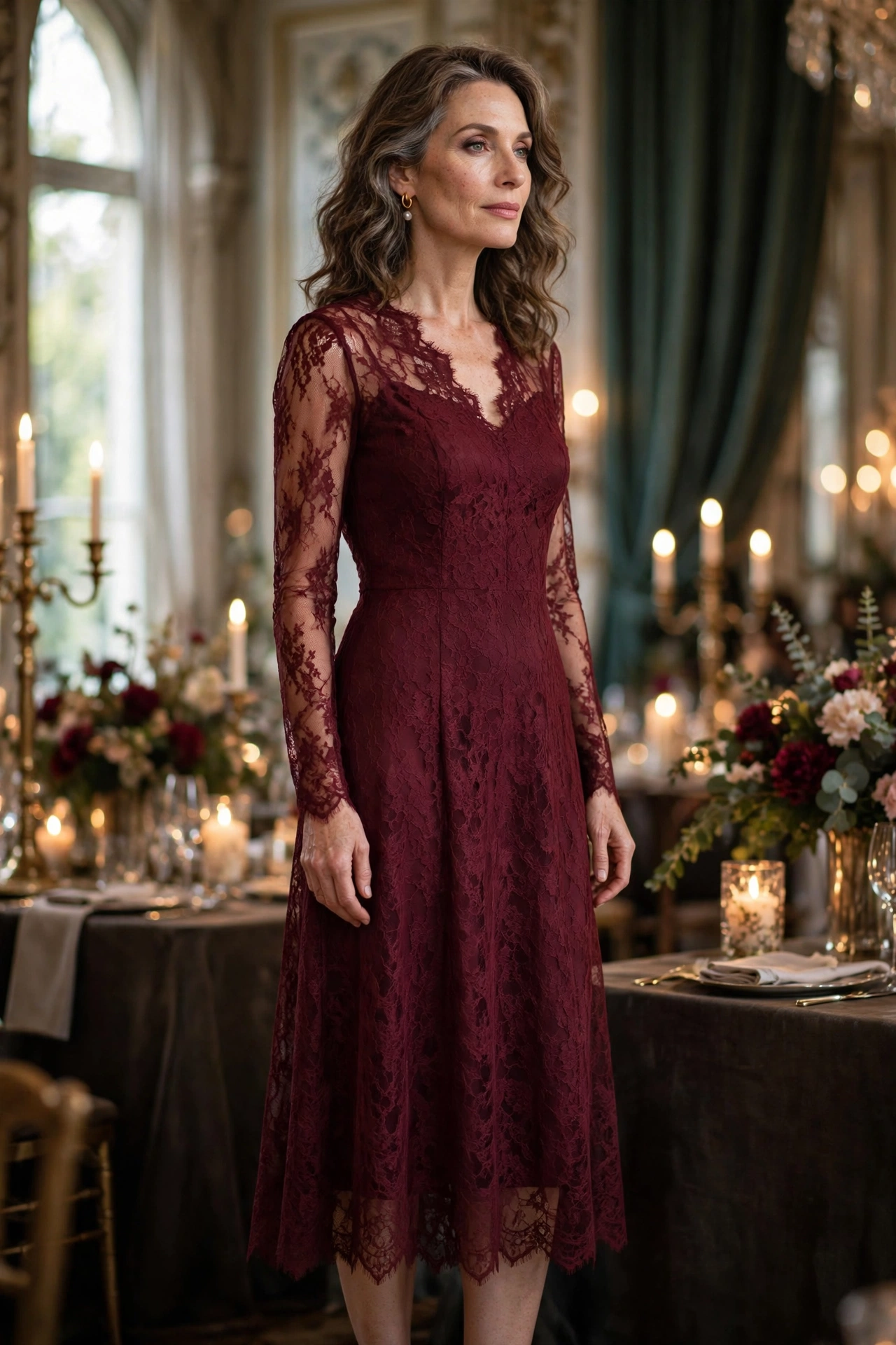 Elegant woman in her 50s wearing a burgundy lace midi dress at a candlelit venue