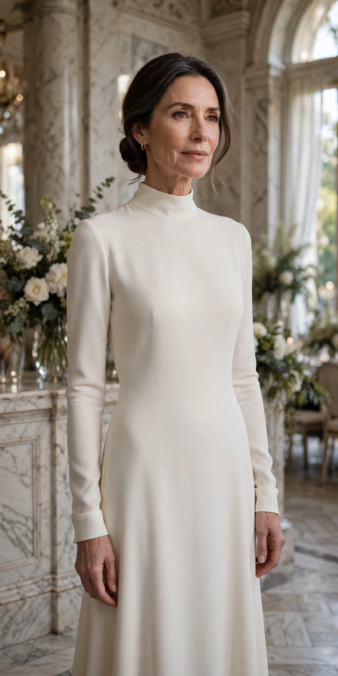Elegant woman in her 50s wearing an ivory crepe column gown in a marble foyer