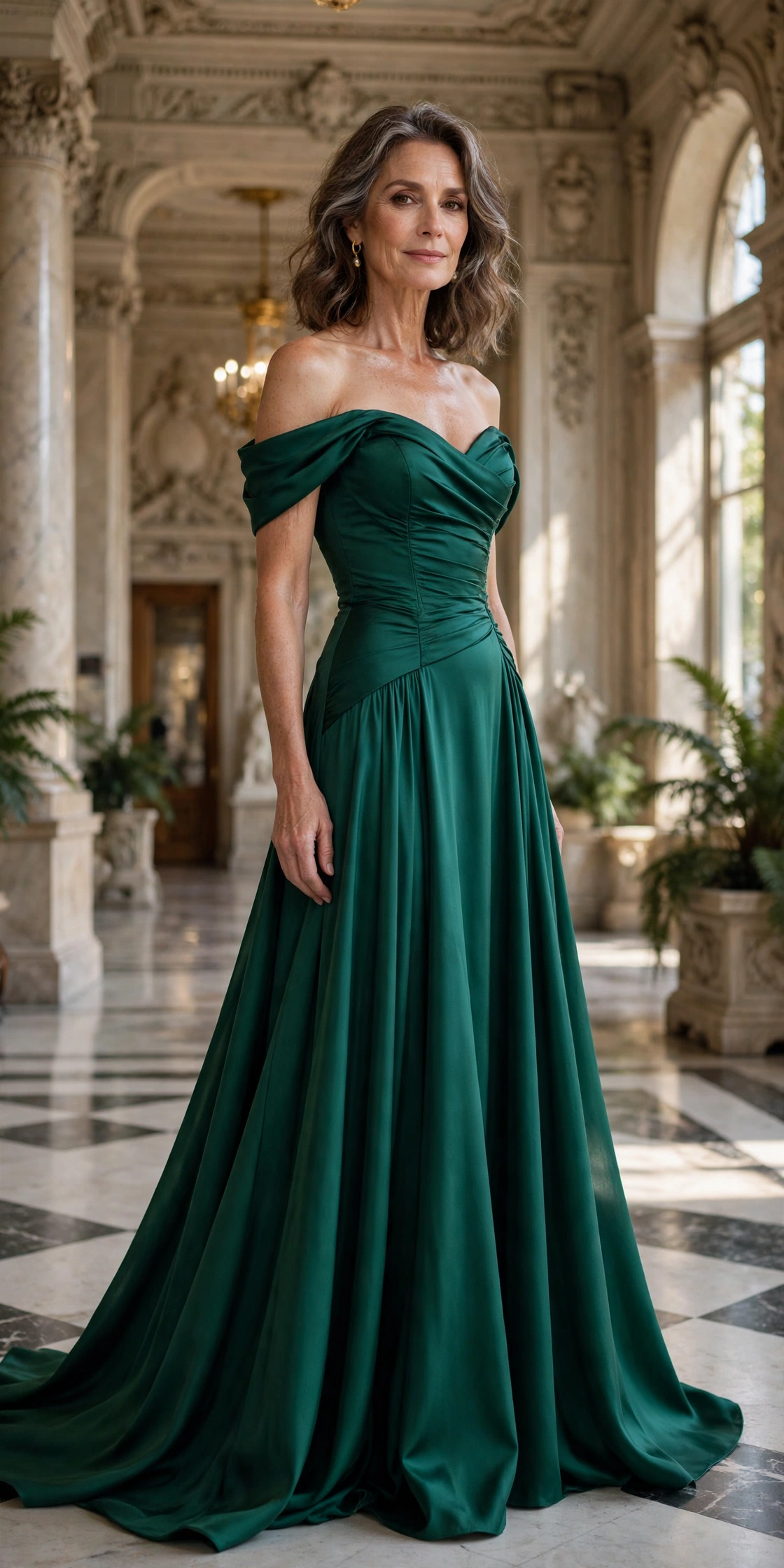 Elegant woman in her 50s wearing an emerald off-shoulder evening dress at an opera house