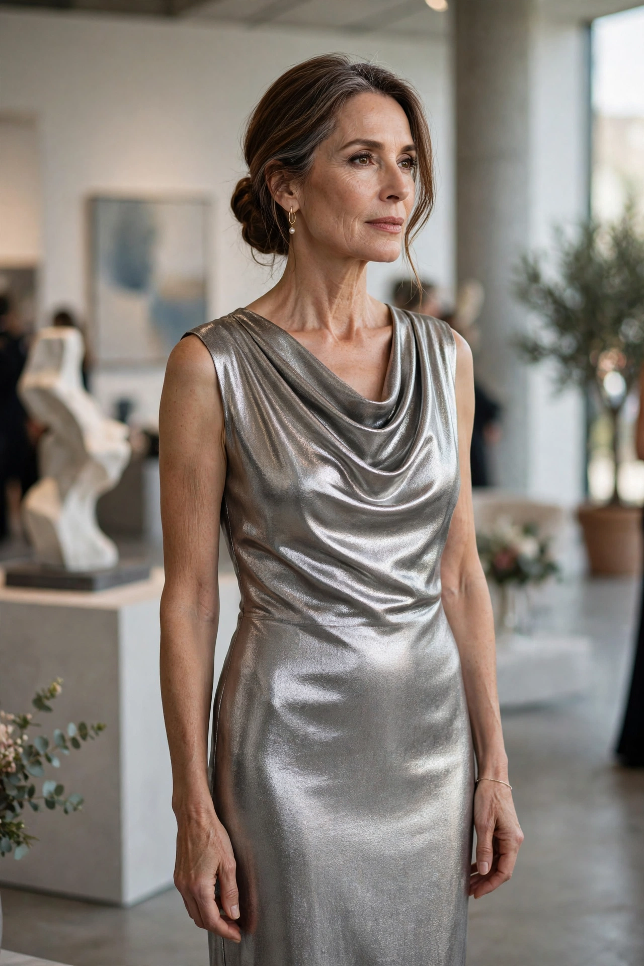 Elegant woman in her 50s wearing a silver metallic midi dress at an art gallery gala
