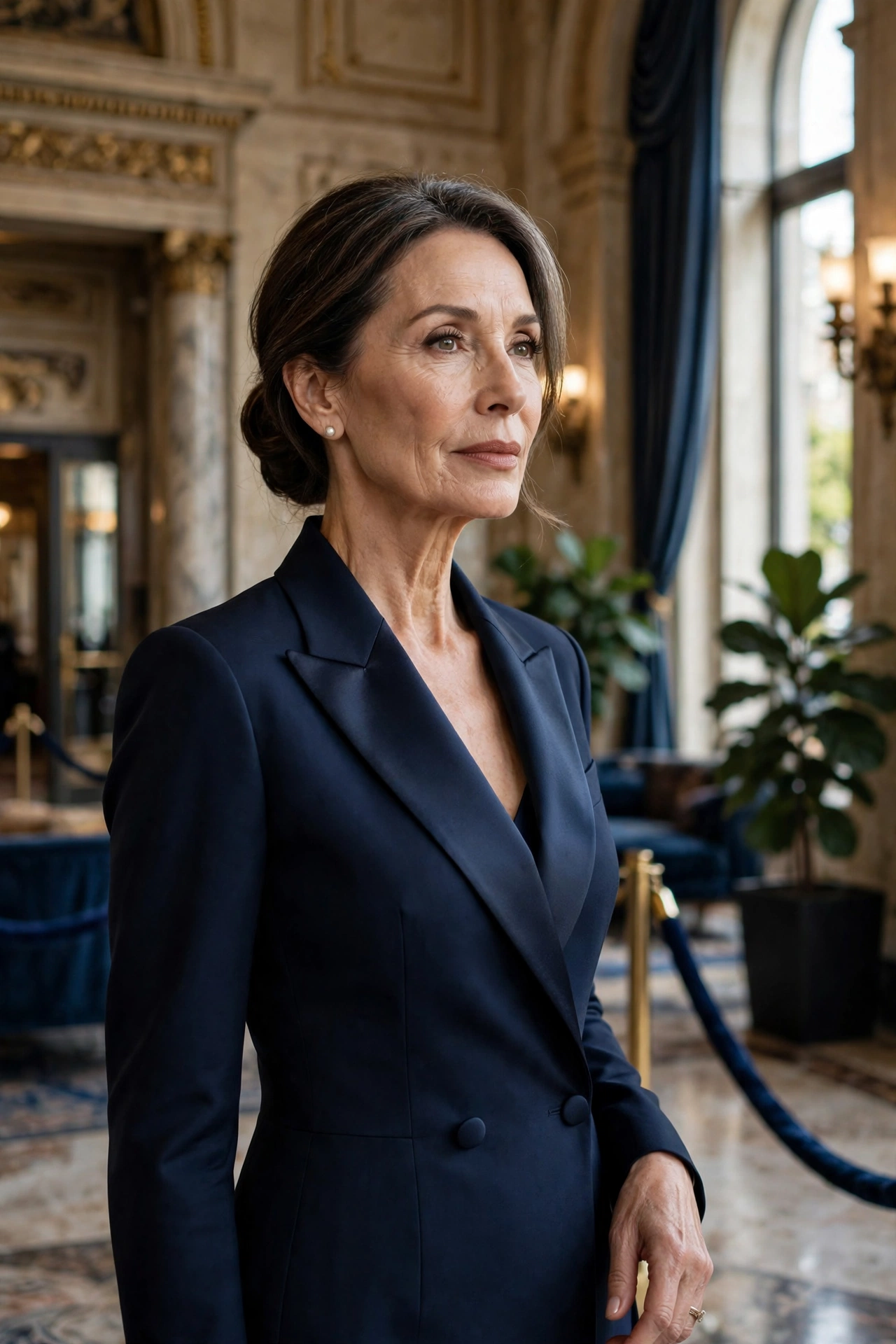 Elegant woman in her 50s wearing a midnight blue tuxedo-style evening dress in a theater lobby