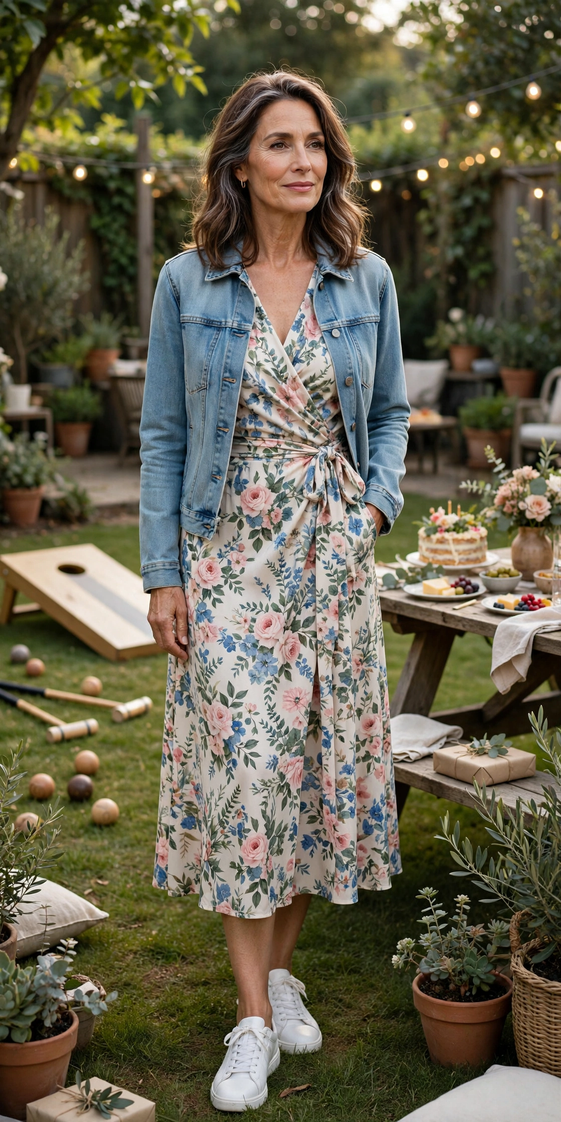 Woman in her 50s wearing a floral wrap midi dress and denim jacket at a backyard birthday party