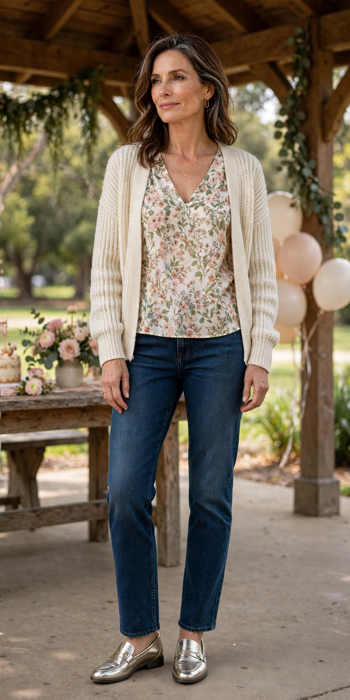 Woman in her 50s in dark jeans, floral blouse and cream cardigan at a park pavilion party