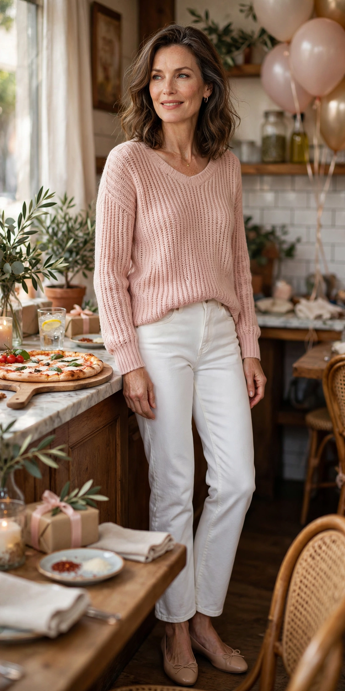 Woman in her 50s in a blush pink knit top and white jeans at a pizza parlor birthday party