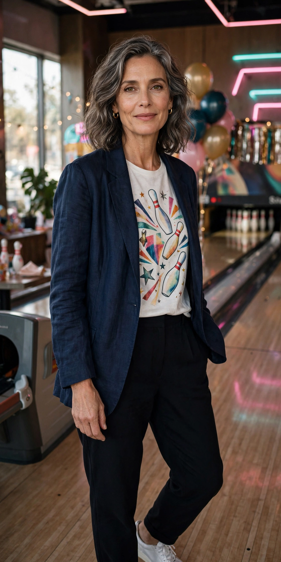 Woman in her 50s in a navy blazer over a graphic tee with trousers at a bowling alley party