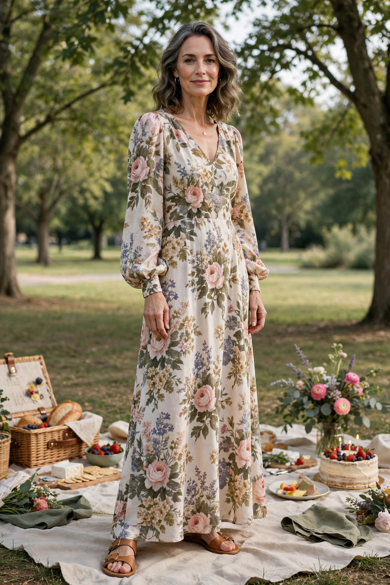 Woman in her 50s in a floral maxi dress and flat sandals at an outdoor picnic birthday party
