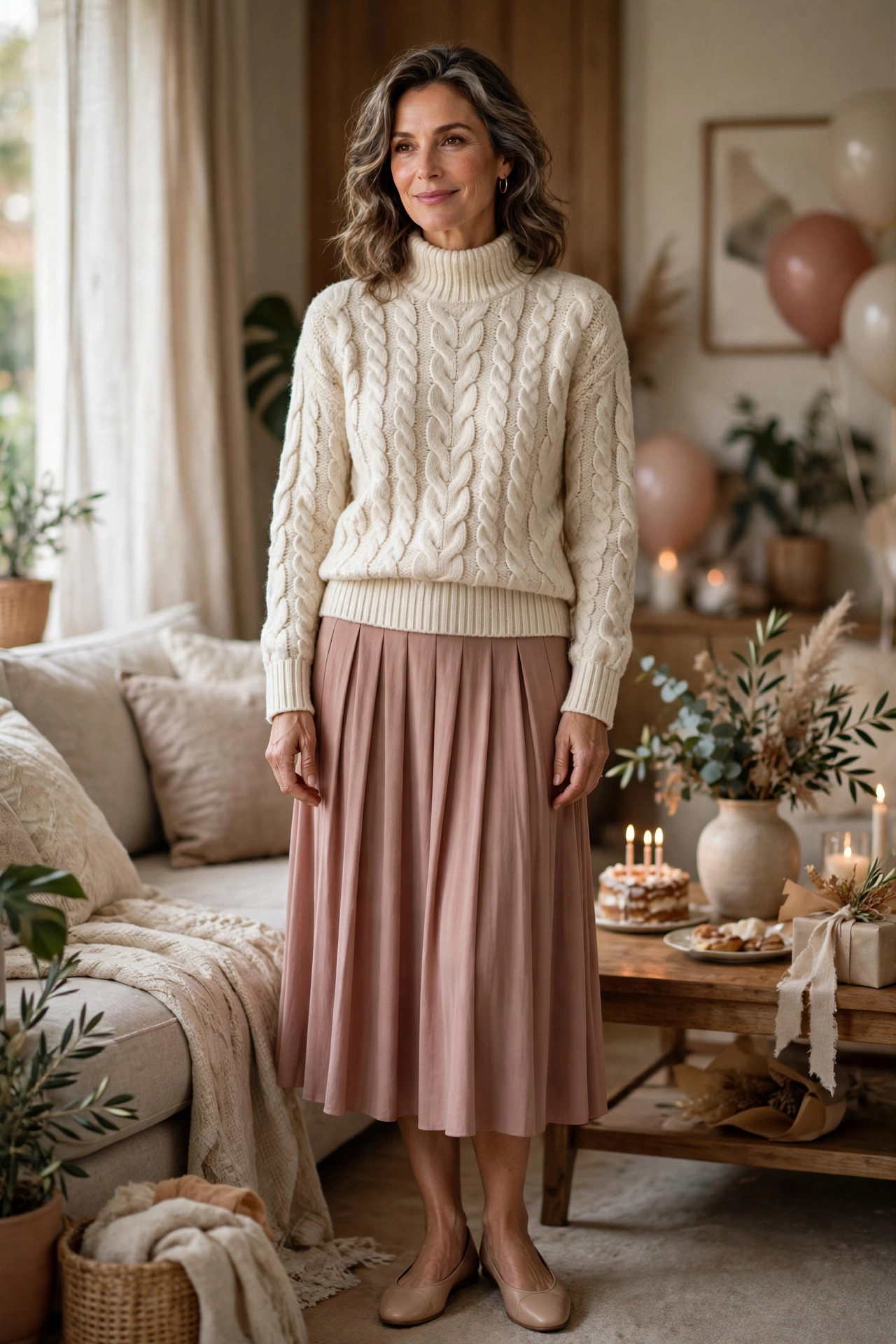 Woman in her 50s in a cream sweater and pleated midi skirt at a living room birthday party